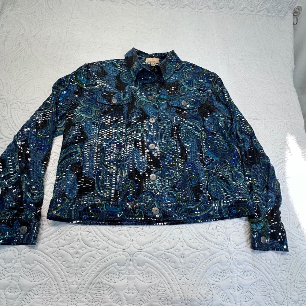 Choices Blue Paisley Textured Button Front Jacket Large